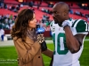 Dec 4, 2011; Landover,MD, USA; SNY reporter Jeane Coakley interviews New York Jet's wide receiver Santonio Holmes (10) after the game against the Washington Redskins at Fedex Field. The Jets defeated the Redskins 34-19. Photo by Manish Gosalia