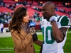 Dec 4, 2011; Landover,MD, USA; SNY reporter Jeane Coakley interviews New York Jet's wide receiver Santonio Holmes (10) after the game against the Washington Redskins at Fedex Field. The Jets defeated the Redskins 34-19. Photo by Manish Gosalia