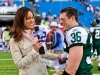 Nov 6, 2011; Orchard Park, NY, USA; SNY reporter Jeane Coakley (left) interviews New York Jet's safety JIm Leonhard (36) after the game against the Buffalo Bills at Ralph Wilson Stadium. The Jets defeated the Bills 27-11. Photo by Manish Gosalia/JetsInsider.com